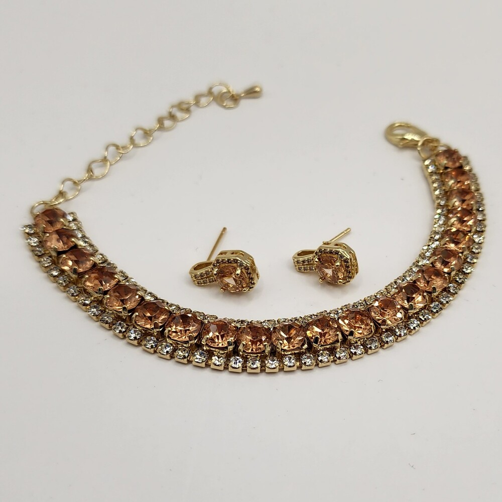Paxuan Gold Tone Champagne Topaz Rhinestone Tennis Bracelet Stud Earrings Set Ne